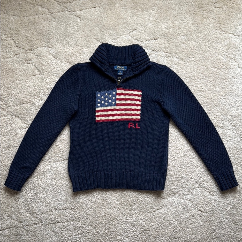 Polo Ralph Lauren 1/4 Zipper Flag Sweater, Size Unisex Child Medium 10-12